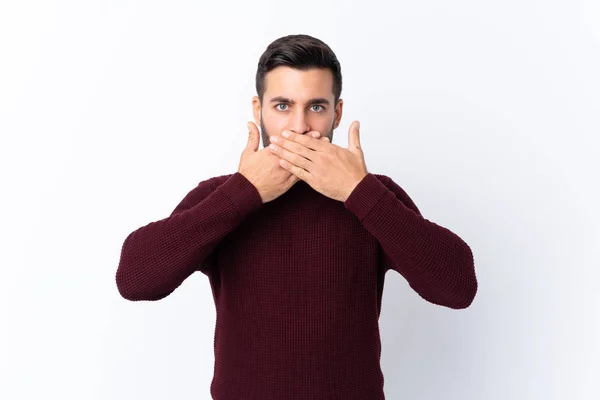 Young Handsome Man Beard Isolated White Background Covering Mouth Hands — Stock Photo, Image