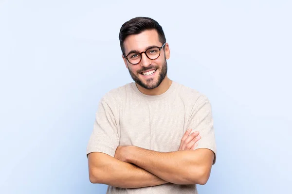 Jeune Homme Beau Avec Barbe Sur Fond Bleu Isolé Riant — Photo