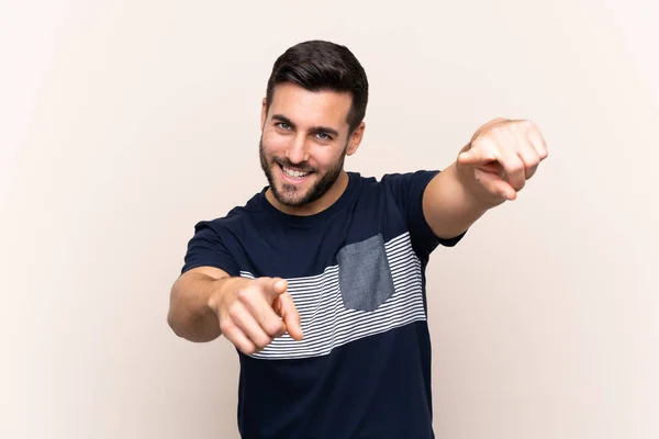Young Handsome Man Beard Isolated Background Points Finger You While — 스톡 사진
