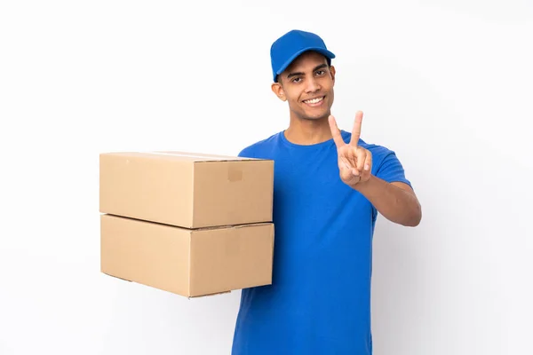 Delivery Man Isolated White Background Smiling Showing Victory Sign — Stock Photo, Image