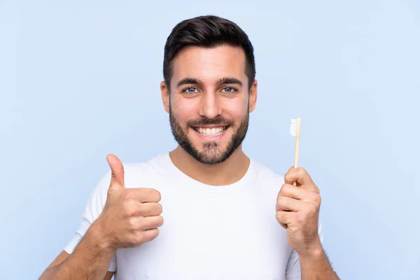 Junger Gutaussehender Mann Mit Bart Der Seine Zähne Über Isoliertem — Stockfoto