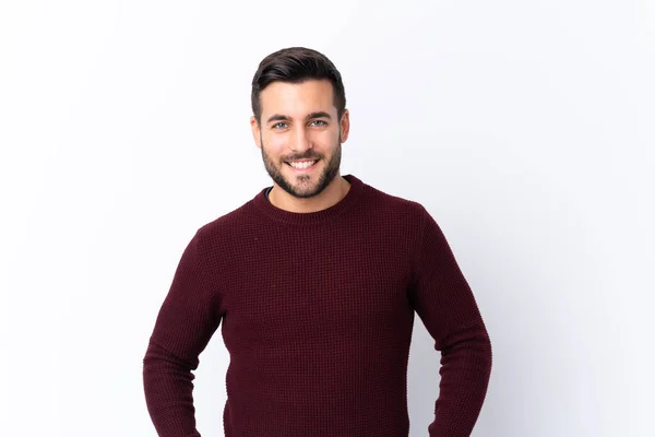 Jovem Homem Bonito Com Barba Sobre Fundo Branco Isolado Rindo — Fotografia de Stock