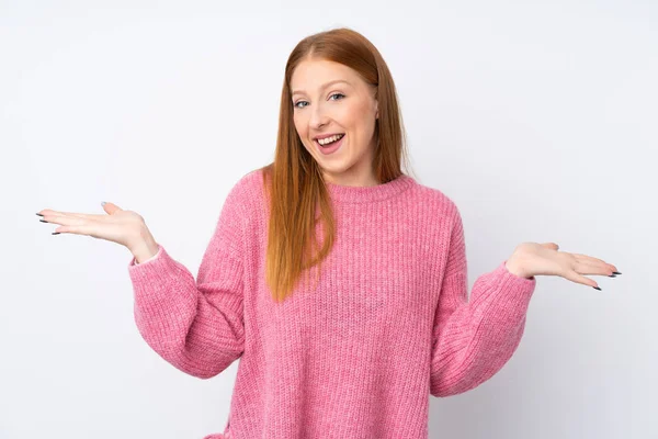 Young Redhead Woman Pink Sweater Isolated White Background Shocked Facial — 스톡 사진