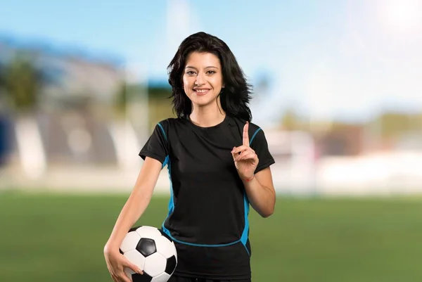 Young Football Player Woman Pointing Great Idea Outdoors — ストック写真