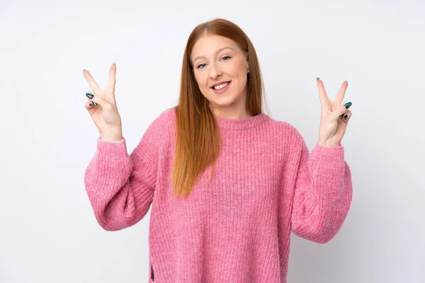 Young Redhead Woman Pink Sweater Isolated White Background Showing Victory — 스톡 사진