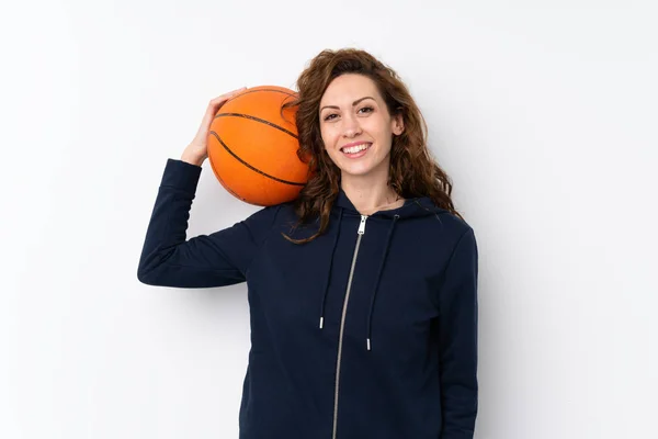 Jonge Mooie Vrouw Geïsoleerde Achtergrond Met Bal Van Basketbal — Stockfoto