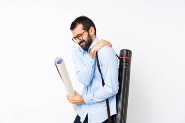 Young architect man with beard over isolated white background suffering from pain in shoulder for having made an effort