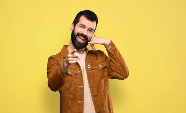 Handsome Man Beard Making Phone Gesture Pointing Front — 图库照片