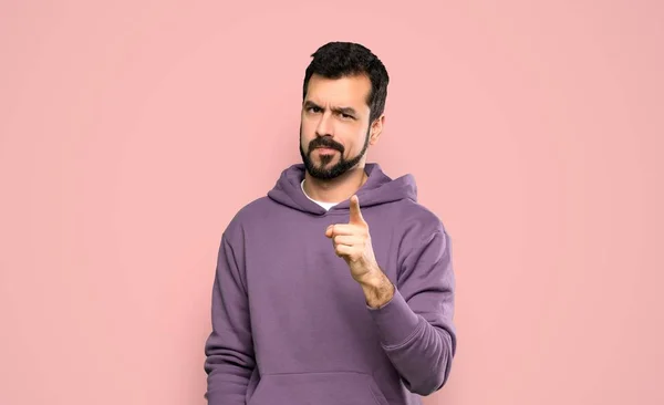 Handsome Man Sweatshirt Frustrated Pointing Front Isolated Pink Background — ストック写真