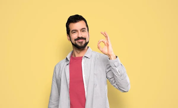Handsome Man Beard Showing Sign Fingers Isolated Yellow Background — Stock Photo, Image