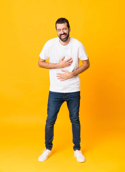 Full Length Shot Man Beard Isolated Yellow Background Smiling Lot — Stock Photo, Image