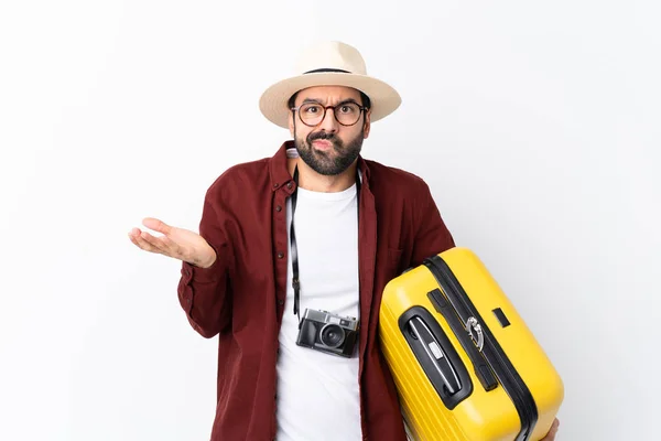 Traveler Man Man Beard Holding Suitcase Isolated White Background Unhappy — 스톡 사진