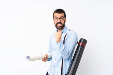 Young architect man with beard over isolated white background frustrated by a bad situation