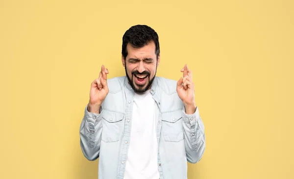 Handsome Man Beard Fingers Crossing Isolated Yellow Background — Stockfoto