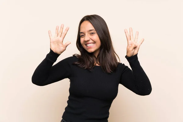 Young Brunette Woman White Sweater Isolated Background Counting Nine Fingers — 스톡 사진