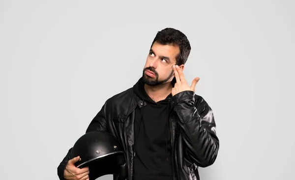 Biker Man Problems Making Suicide Gesture Isolated Grey Background — Stock Photo, Image