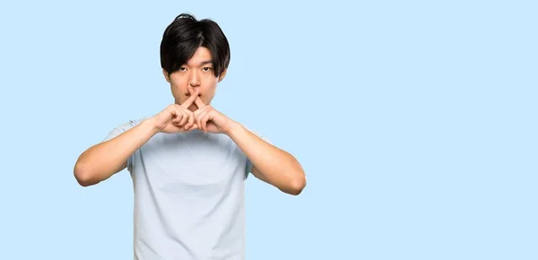 Asian Man Blue Shirt Showing Sign Silence Gesture Isolated Blue — 스톡 사진