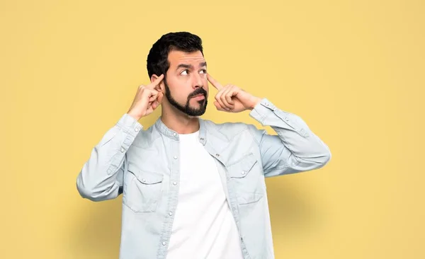 Handsome Man Beard Having Doubts Thinking Isolated Yellow Background — 图库照片