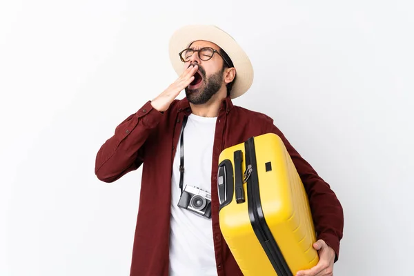 Traveler Man Man Beard Holding Suitcase Isolated White Background Yawning — 스톡 사진