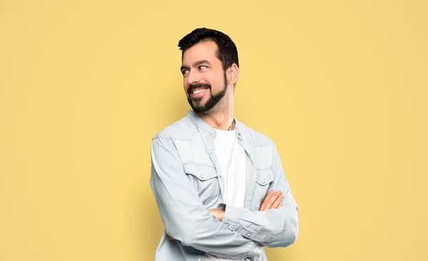 Handsome Man Beard Arms Crossed Happy Isolated Yellow Background — 图库照片
