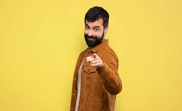 Handsome Man Beard Points Finger You Confident Expression — Stock Photo, Image