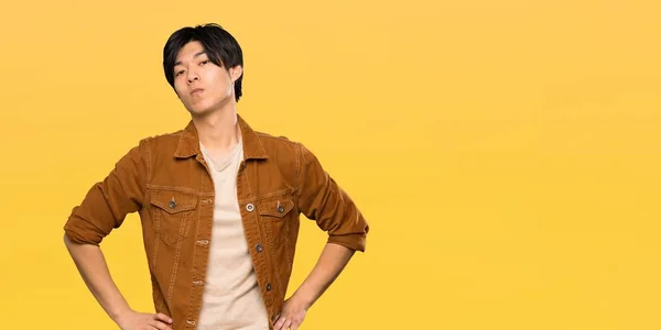 Asian Man Brown Jacket Angry Isolated Yellow Background — Stock Photo, Image