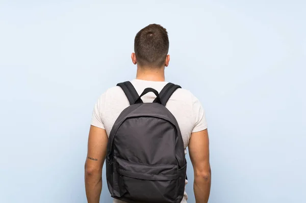 Young Handsome Blonde Man Isolated Blue Background Backpack — Stock Photo, Image