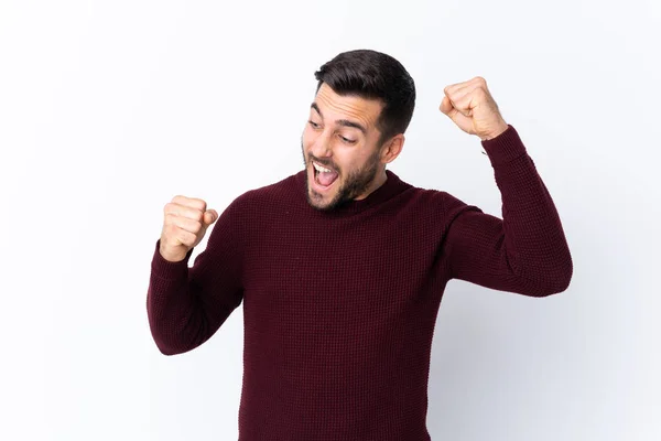 Young Handsome Man Beard Isolated White Background Celebrating Victory — Stock Photo, Image