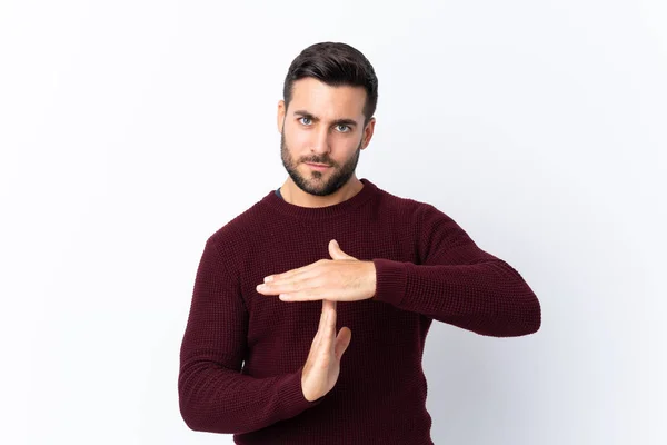 Jovem Homem Bonito Com Barba Sobre Fundo Branco Isolado Fazendo — Fotografia de Stock