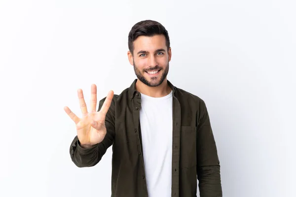 Jonge Knappe Man Met Baard Geïsoleerde Witte Achtergrond Gelukkig Tellen — Stockfoto