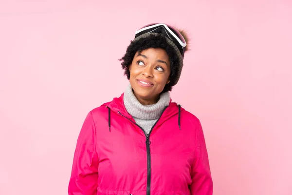 African American Skier Woman Snowboarding Glasses Isolated Pink Background Laughing — 스톡 사진