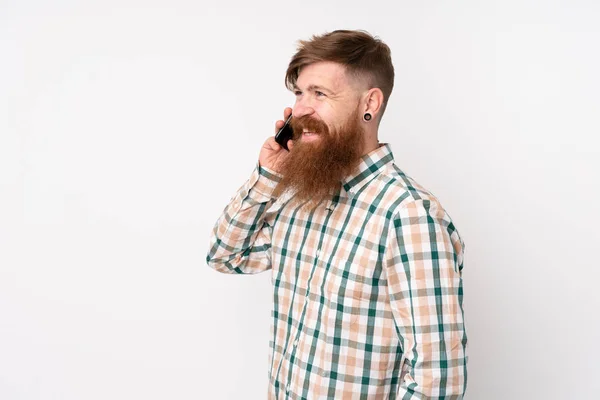 Redhead Man Long Beard Isolated White Background Keeping Conversation Mobile — 스톡 사진