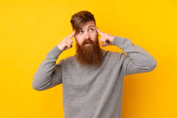 Redhead Man Long Beard Isolated Yellow Background Having Doubts Thinking — Stock Photo, Image