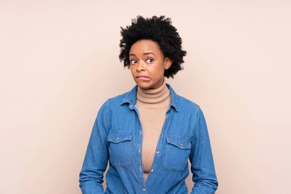 African American Woman Isolated Background Having Doubts Confuse Face Expression — 스톡 사진