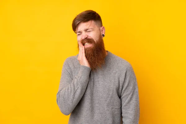 Redhead Man Long Beard Isolated Yellow Background Toothache — Stock Photo, Image