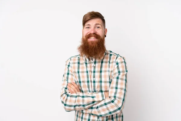 Homem Ruivo Com Barba Longa Sobre Fundo Branco Isolado Mantendo — Fotografia de Stock