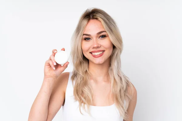 Teenager Blonde Girl Isolated White Background Moisturizer Happiness — 스톡 사진