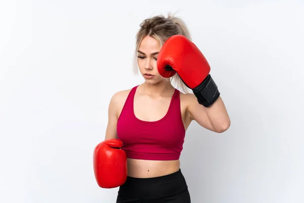 Teenager Girl Holding Waffles Isolated Blue Background Boxing Gloves — Stock Photo, Image