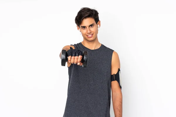 Hombre Deporte Sobre Fondo Blanco Aislado Haciendo Levantamiento Pesas — Foto de Stock