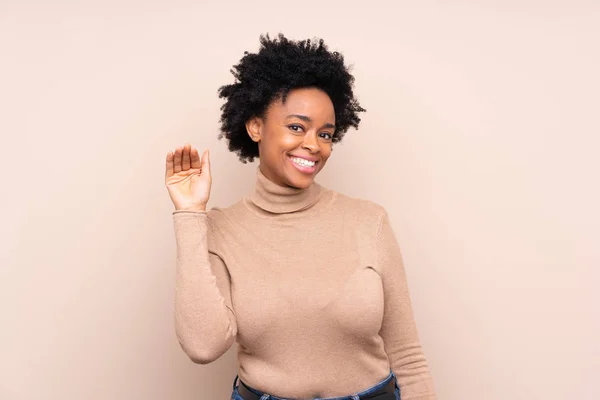 African American Woman Isolated Background Saluting Hand Happy Expression — 스톡 사진