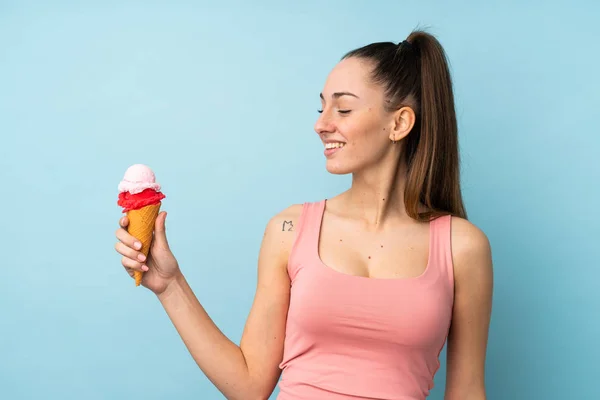 Young Brunette Woman Cornet Ice Cream Isolated Blue Background Happy — 스톡 사진
