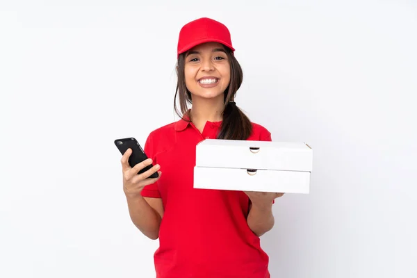 Genç Pizzacı Kız Izole Edilmiş Beyaz Arka Planda Elinde Kahve — Stok fotoğraf