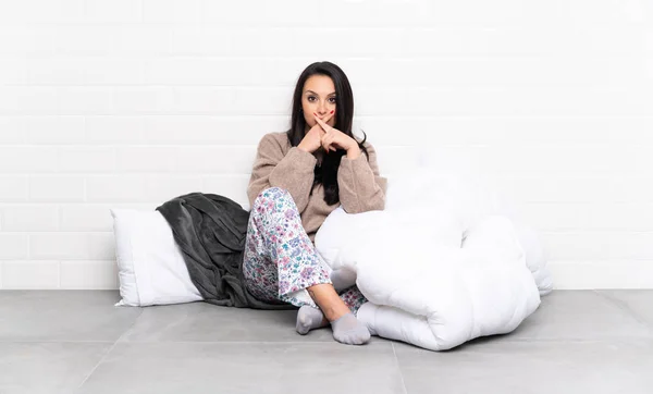 Young Colombian Girl Pajamas Indoors Showing Sign Silence Gesture — ストック写真