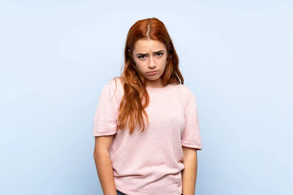 Teenager Redhead Girl Isolated Blue Background Sad Depressed Expression — 스톡 사진