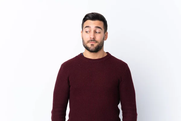 Joven Hombre Guapo Con Barba Sobre Fondo Blanco Aislado Haciendo —  Fotos de Stock