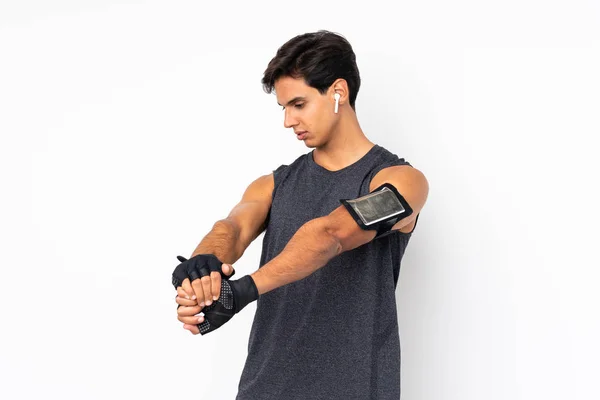 Sport Man Geïsoleerde Witte Achtergrond Stretching Arm — Stockfoto