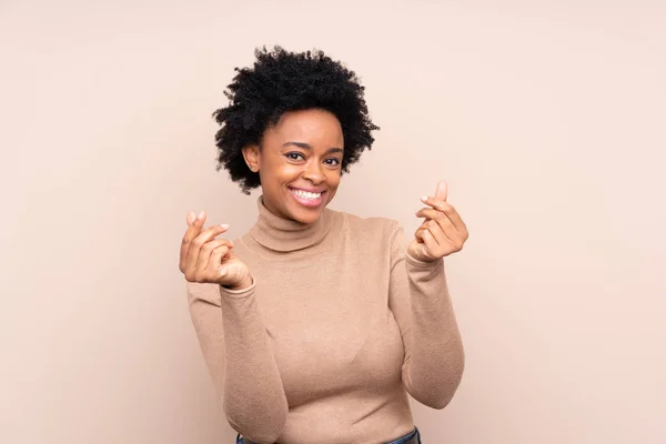 African American Woman Isolated Background Making Money Gesture — 스톡 사진