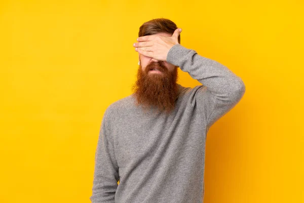 Redhead Man Long Beard Isolated Yellow Background Covering Eyes Hands — Stock Photo, Image