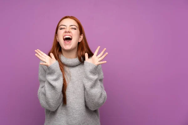 Redhead Teenager Girl Isolated Purple Background Unhappy Frustrated Something — 스톡 사진