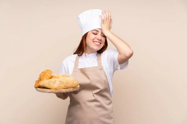 Redhead Teenager Girl Chef Uniform Female Baker Holding Table Several — 스톡 사진